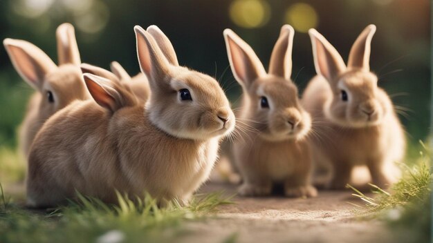 Photo a hyper realistic group of cute rabbits in jungle