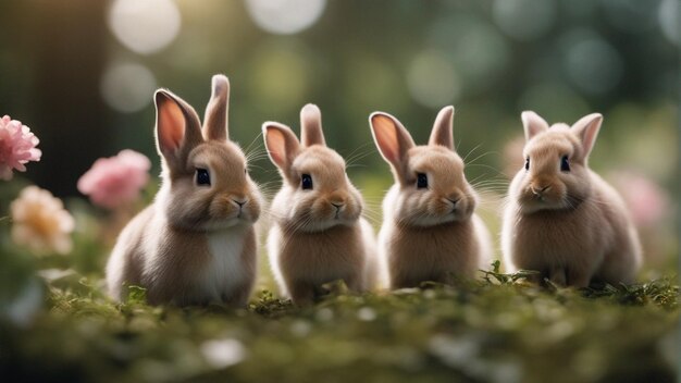 A hyper realistic group of cute rabbits in jungle