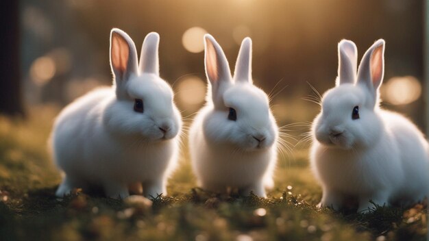 Photo a hyper realistic group of cute rabbits in jungle