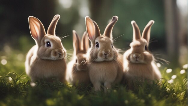 Photo a hyper realistic group of cute rabbits in jungle