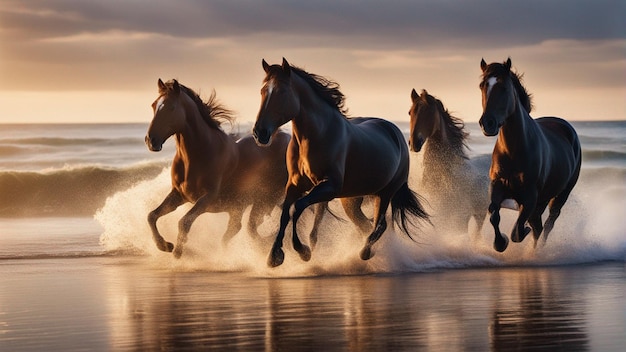 Photo a hyper realistic group of horse running on beach