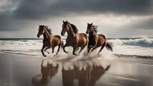 Photo a hyper realistic group of horse running on beach