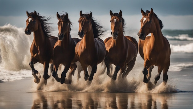 Photo a hyper realistic group of horse running on beach