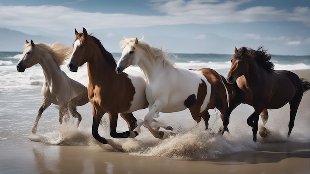 Photo a hyper realistic group of horse running on beach