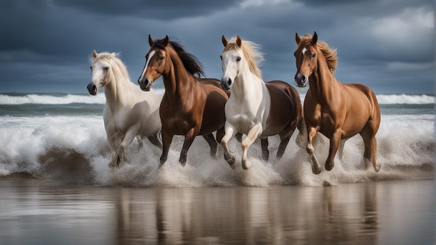 A hyper realistic group of horse running on beach