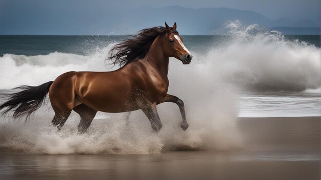 Foto un gruppo iper realistico di cavalli che corrono sulla spiaggia