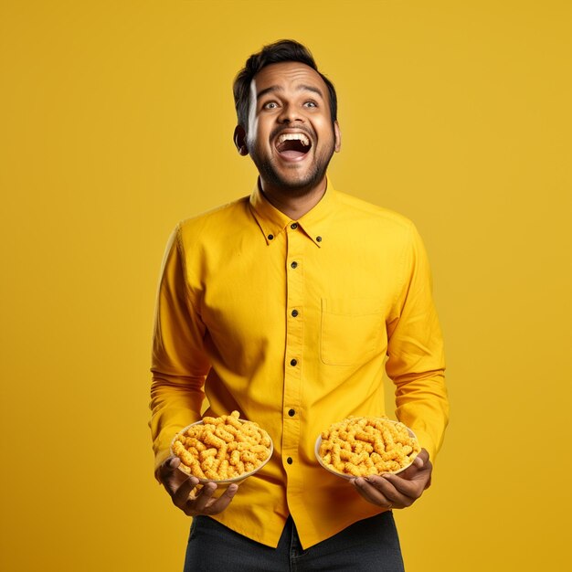 A hyper realistic happiest indian handsome man in chex shirt hands up isolated on yellow background