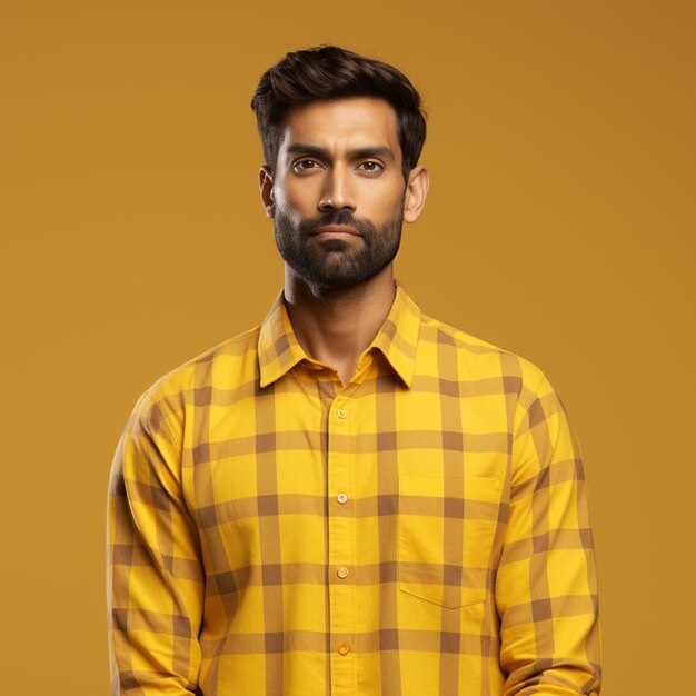 Foto un uomo ricco e felice indiano iper-realista con la camicia a scacchiere alza le mani isolato su uno sfondo giallo