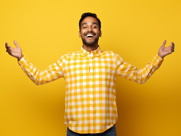 Photo a hyper realistic happiest indian handsome man in chex shirt hands up isolated on yellow background