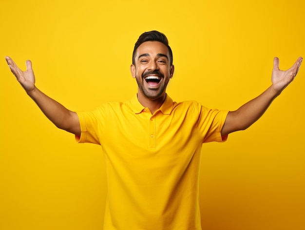 Photo a hyper realistic happiest indian handsome man in chex shirt hands up isolated on yellow background