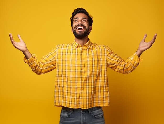 Photo a hyper realistic happiest indian handsome man in chex shirt hands up isolated on yellow background