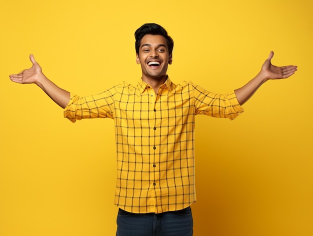 A hyper realistic happiest indian handsome man in chex shirt hands up isolated on yellow background