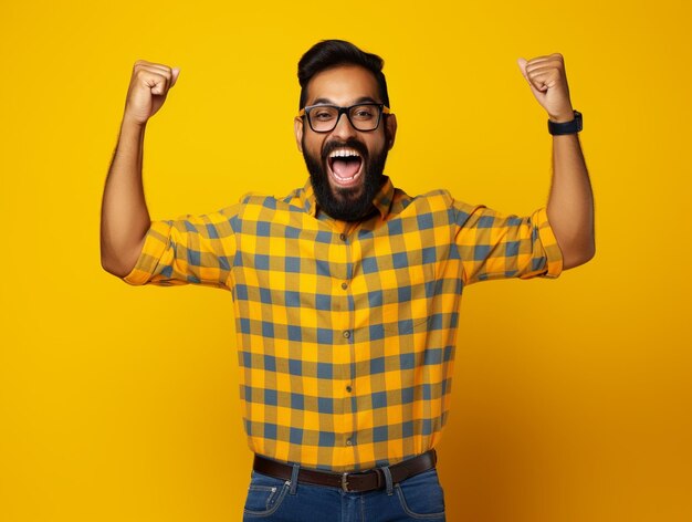 Foto un uomo ricco e felice indiano iper-realista con la camicia a scacchiere alza le mani isolato su uno sfondo giallo