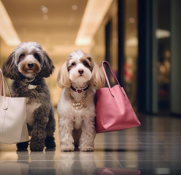 Photo hyper realistic hd illustration of dogs wearing clothes and bags while shopping gifts for holidays