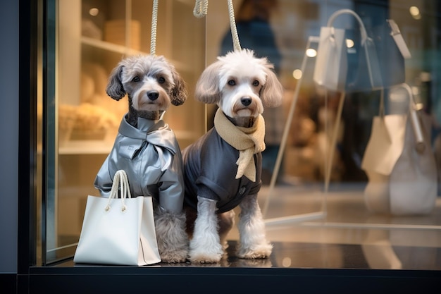 Photo hyper realistic hd illustration of dogs wearing clothes and bags while shopping gifts for holidays