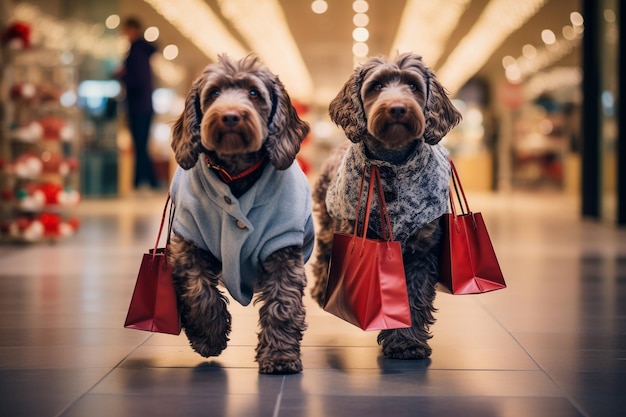 Foto illustrazione iperrealista in hd di cani che indossano vestiti e borse mentre comprano regali per le vacanze