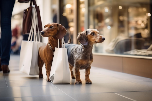 Photo hyper realistic hd illustration of dogs wearing clothes and bags while shopping gifts for holidays