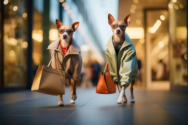 Foto illustrazione iperrealista in hd di cani che indossano vestiti e borse mentre comprano regali per le vacanze