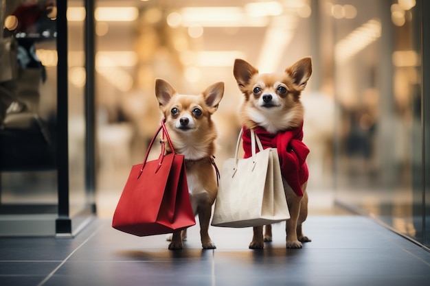 Foto illustrazione iperrealista in hd di cani che indossano vestiti e borse mentre comprano regali per le vacanze