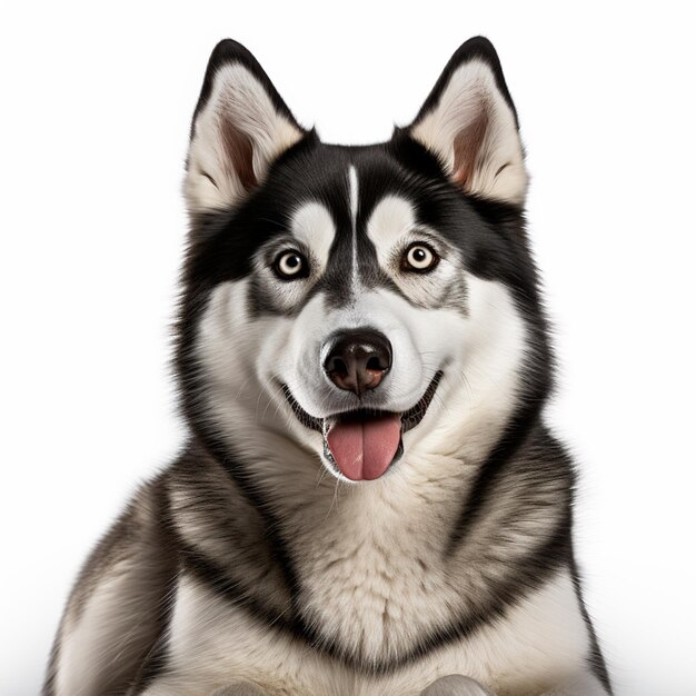 A hyper realistic husky dog seating on floor isolated on white background