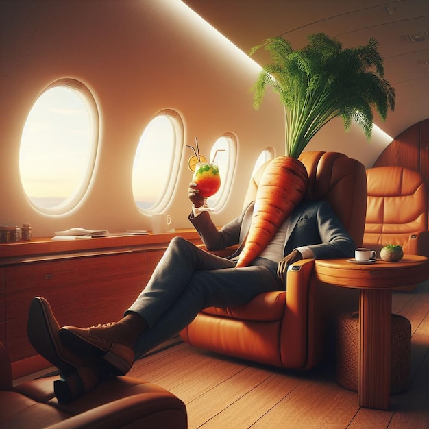 Photo hyper realistic illustration of a anthromorphic carrot relaxing drink cocktail in a private lear jet