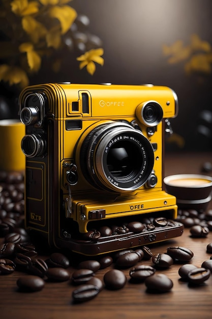 Photo hyper realistic illustration of brown and yellow photo camera with coffee around