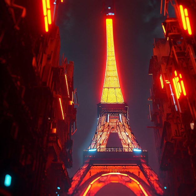 Hyper Realistic Illustration of cyberpunk neon eiffeltower charackter colorful