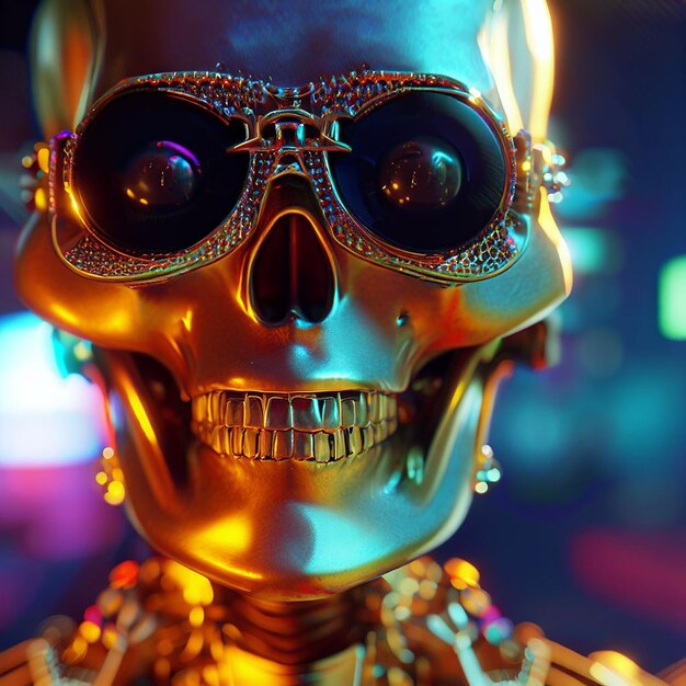 Hyper Realistic Illustration of cyberpunk neon golden skull charackter colorful