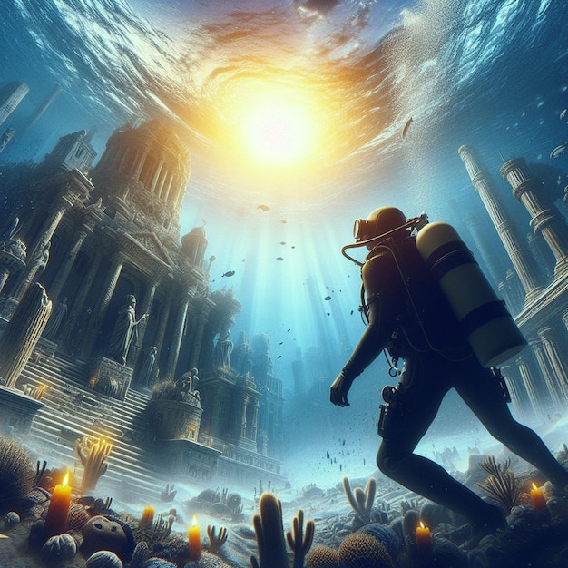 Фото Гиперреалистичная иллюстрация подводного глубокого открытого водолаза атлантического морского водолаза