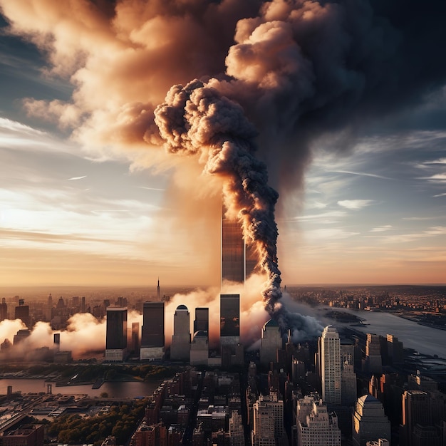 Hyper realistic image depicting destruction twin tower new york city September 11 Generative Ai