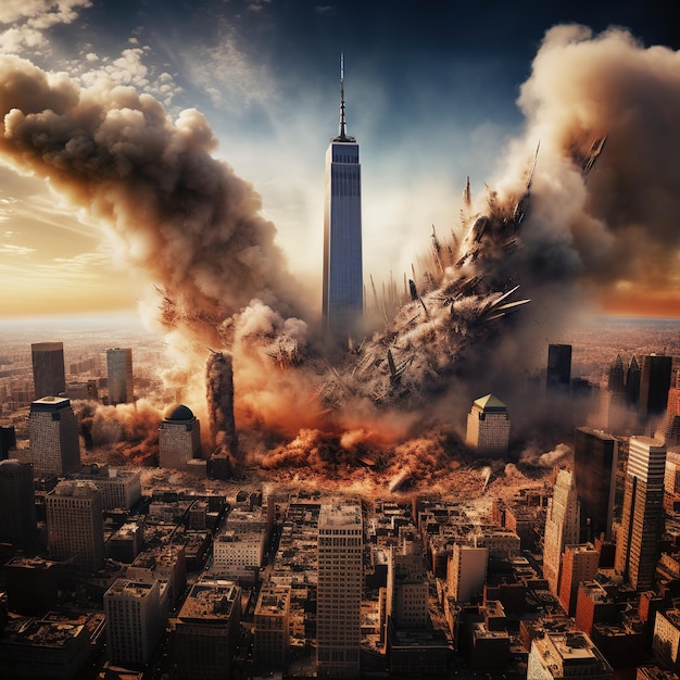Hyper realistic image depicting destruction twin tower new york city September 11 Generative Ai