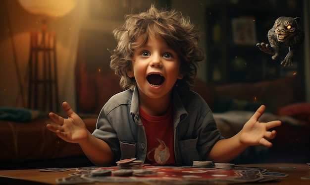 Foto immagine iperrealistica di un bambino che gioca con bolle di giocattoli
