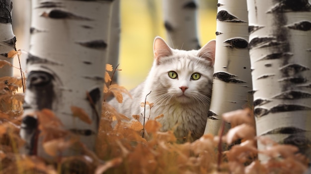 Photo hyper realistic image of white cat peeking through birch tree trunks