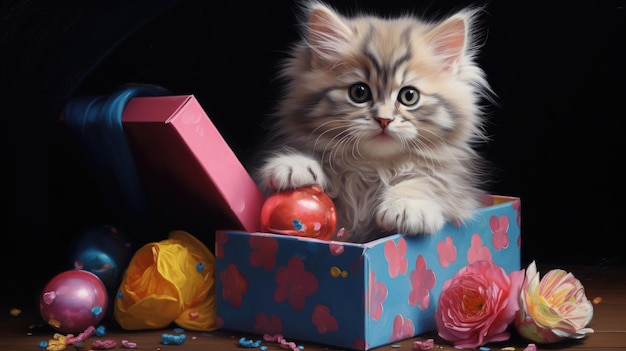 hyper realistic kitten in a gift box with toys