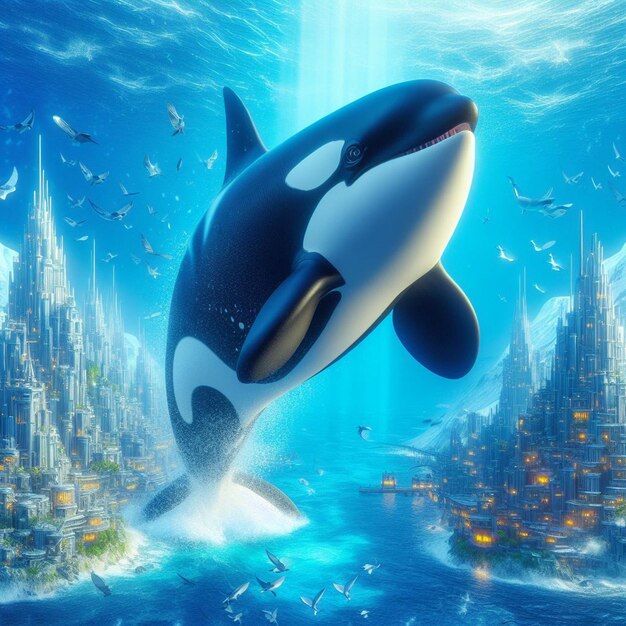 Hyper Realistic majestic big wildlife animal Orca Killer Whale swimming blue sea