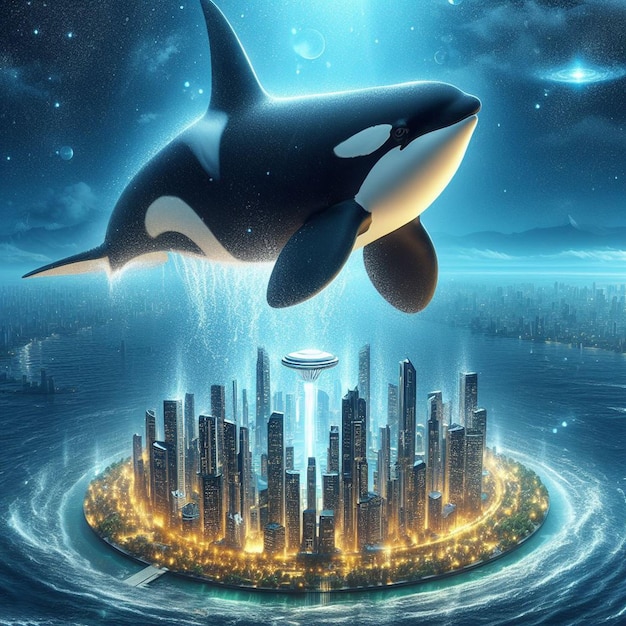 Hyper Realistic majestic big wildlife animal Orca Killer Whale swimming blue sea