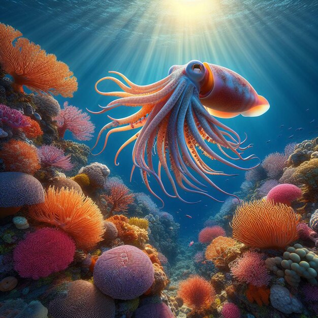 Photo hyper realistic majestic big wildlife animal squid coral reef swimming blue sea