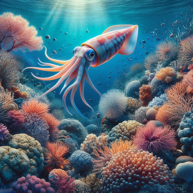 Hyper Realistic majestic big wildlife animal Squid Coral Reef swimming blue sea