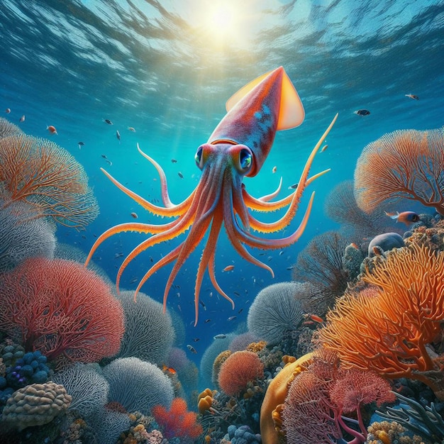 Photo hyper realistic majestic big wildlife animal squid coral reef swimming blue sea