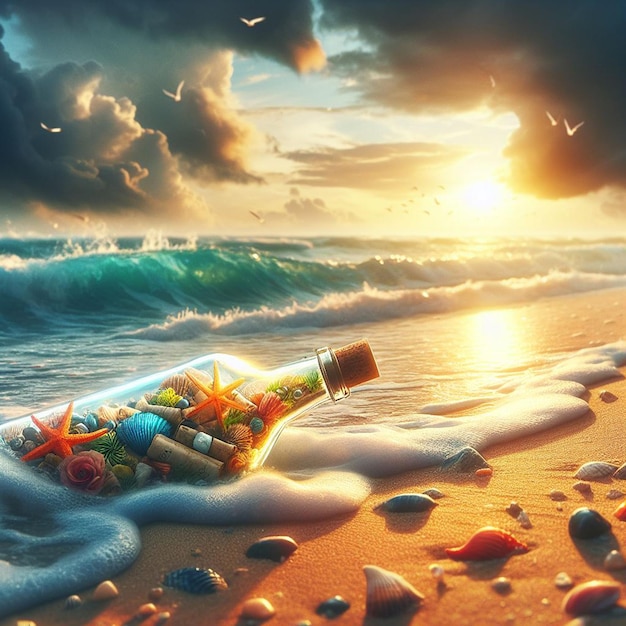 Photo hyper realistic message in a bottle with a treasuremap at the beach in the sunset