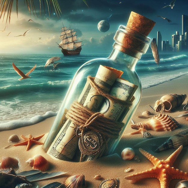 Photo hyper realistic message in a bottle with a treasuremap at the beach in the sunset