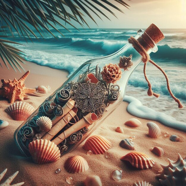 Photo hyper realistic message in a bottle with a treasuremap at the beach in the sunset