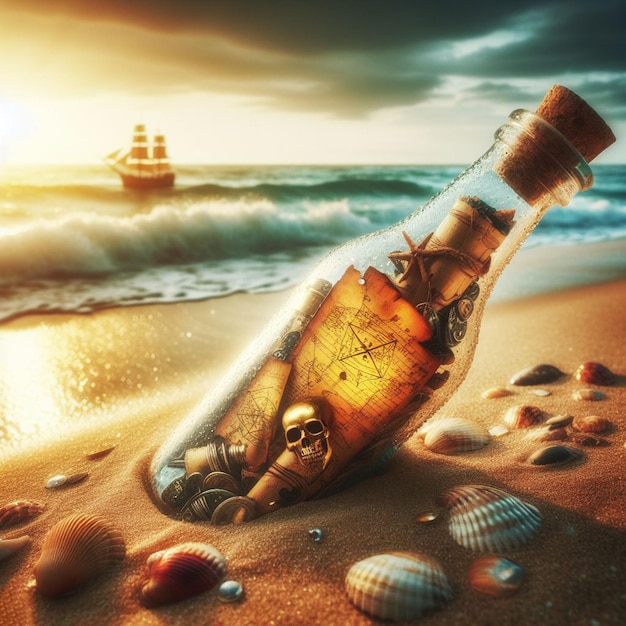 Photo hyper realistic message in a bottle with a treasuremap at the beach in the sunset