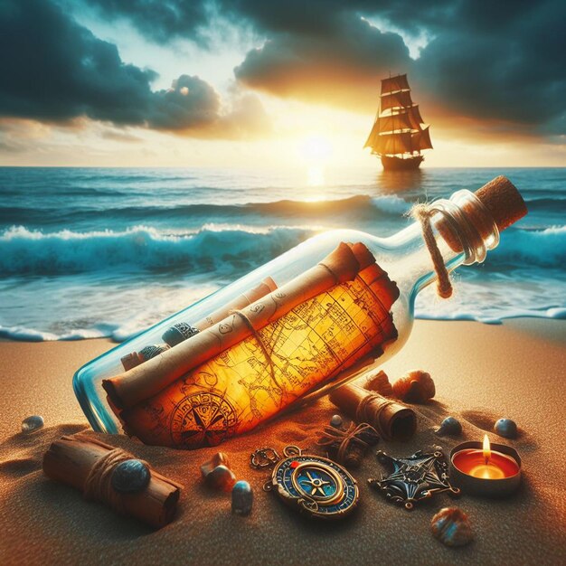 Photo hyper realistic message in a bottle with a treasuremap at the beach in the sunset