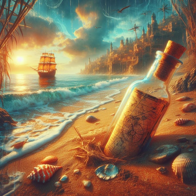 Hyper Realistic message in a bottle with a treasuremap at the beach in the sunset