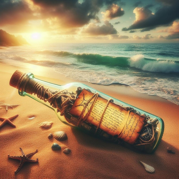 Photo hyper realistic message in a bottle with a treasuremap at the beach in the sunset