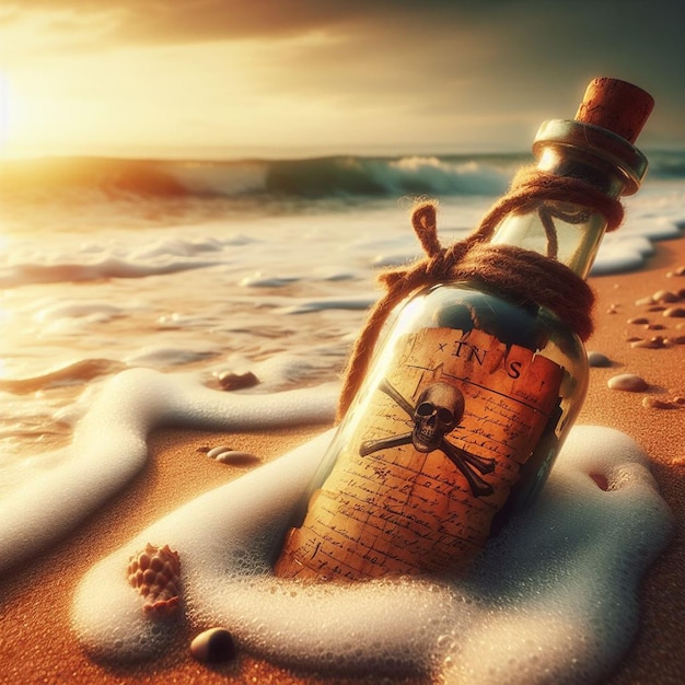 Photo hyper realistic message in a bottle with a treasuremap at the beach in the sunset