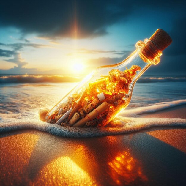 Photo hyper realistic message in a bottle with a treasuremap at the beach in the sunset