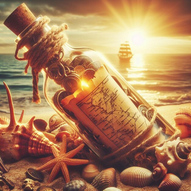 Photo hyper realistic message in a bottle with a treasuremap at the beach in the sunset