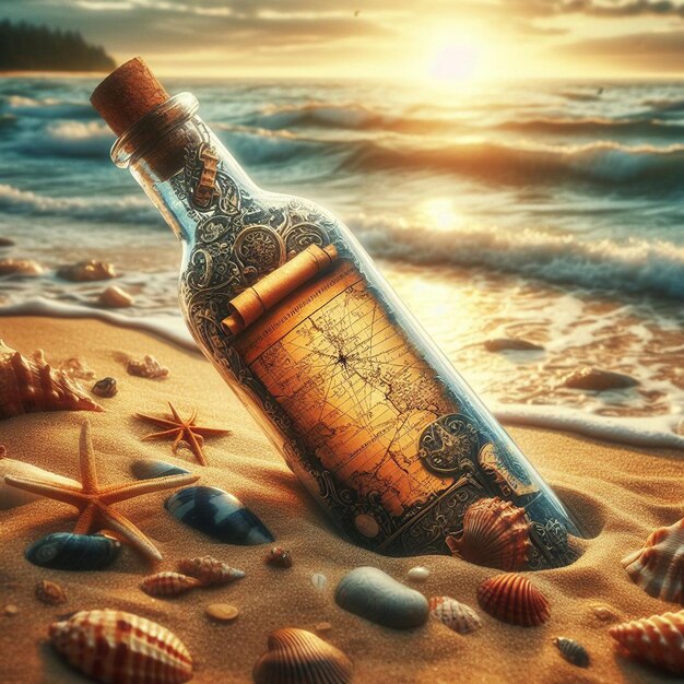 Photo hyper realistic message in a bottle with a treasuremap at the beach in the sunset